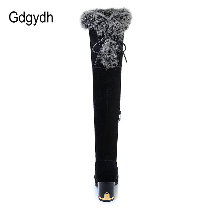 Gdgydh Natural Fur Winter Boots Women Knee High Long Boots Square Heel Winter Shoes Woman Waterproof Rubber Sole Plus Size 46