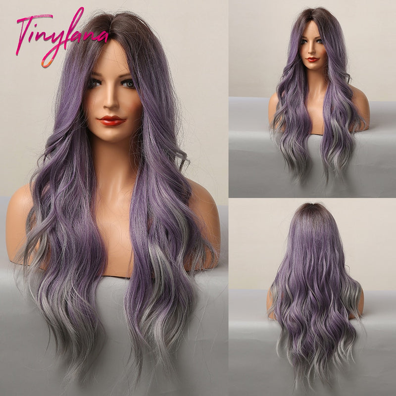 TINY LANA sintético largo Ombre pelucas onduladas marrón Rubio parte media pelucas de Cosplay con flequillo para mujeres pelucas de pelo largo pelo falso