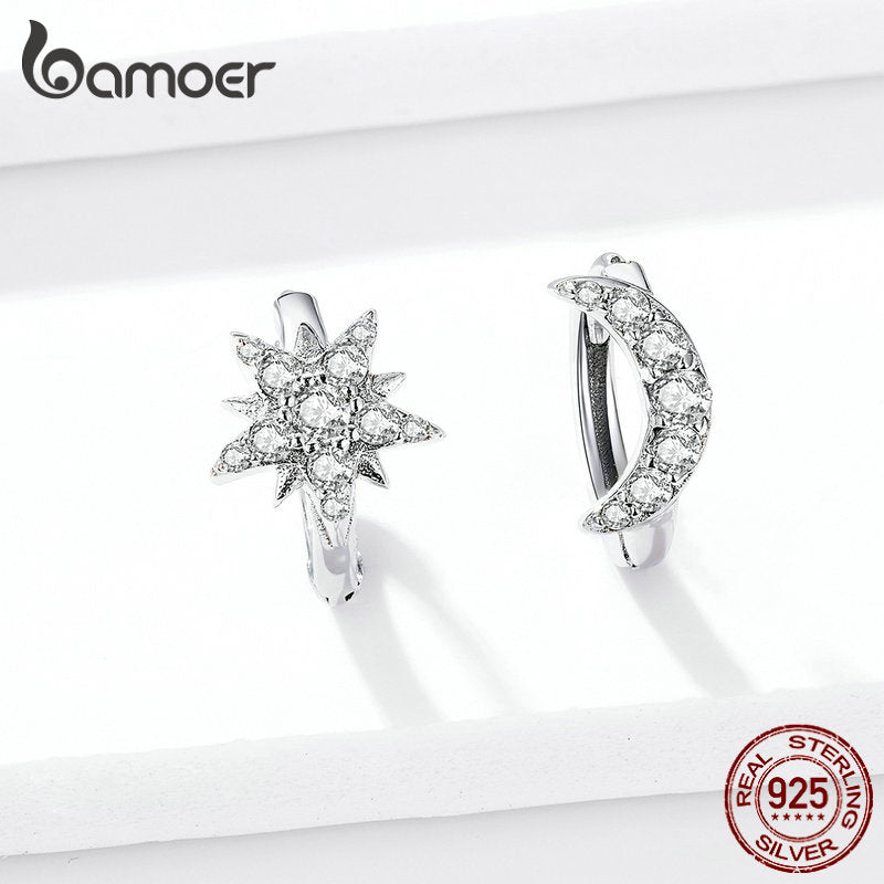 Joyería de plata 925 bamoer, pendientes de aro de estrella y luna para mujer, plata de ley 925, regalos de joyería fina antialérgicos BSE289