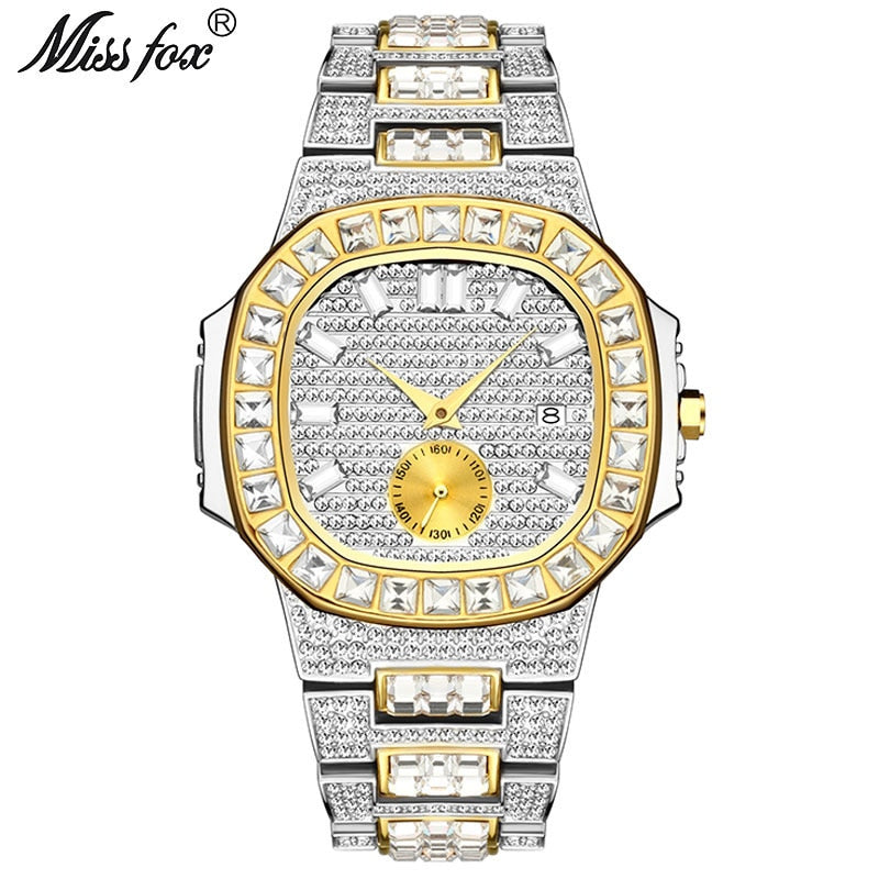 MISSFOX Iced Out Watches Men Top Brand Luxury Watch Men Full Diamond Quartz-watch Bling Bling Hiphop Hot Rapper's Jewelry Watch