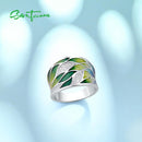 SANTUZZA Silver Rings For Women Genuine 925 Sterling Silver Green Bamboo leaves Luminous CZ Trendy Jewelry Handmade Enamel