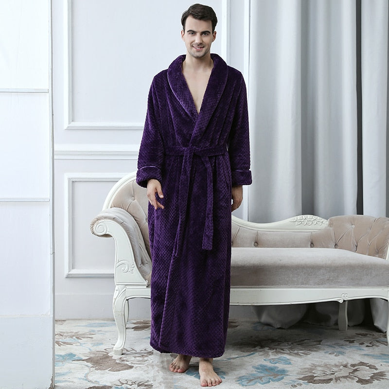 Men Winter Plus Size Long Coral Fleece Bathrobe Kimono Warm Flannel Bath Robe Men Cozy Robes Night Sleepwear Women Dressing Gown