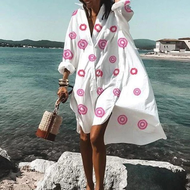 Vestidos de verano 2021 para mujer, vestido informal con estampado de cuello vuelto, camisa de manga larga, vestido holgado de gran tamaño para fiesta en la playa, bata, blusa