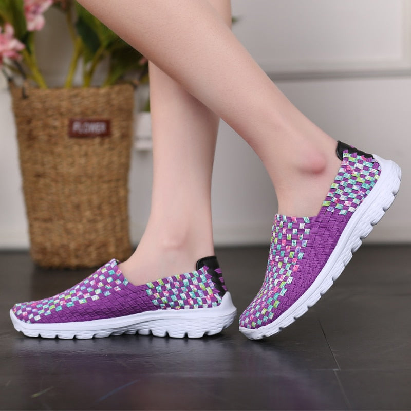 STRONGSHEN Women Shoes Summer Flats Breathe Female Sneaker Woven Walking Shoes Slip On Ladies Loafers Handmade Shoes Size 35-41