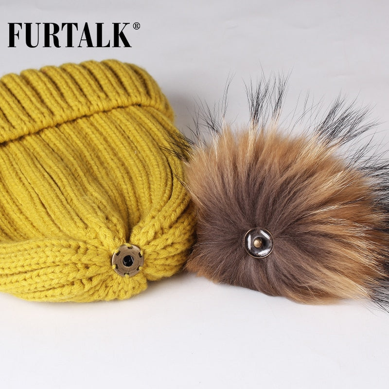 Gorro con pompón de piel auténtica Furtalk, gorro tejido de invierno para mujer, gorro con pompón de mapache grande y cálido para mujer