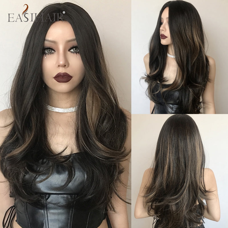 EASIHAIR Long Wavy Brown Synthetic Wigs With Blonde Highlights Cosplay Natural Hair Wigs High Temperature Fiber For Black Women