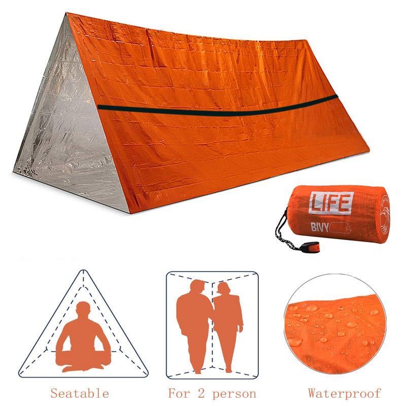 Refugio de emergencia para 2 personas, manta térmica impermeable, Kit de supervivencia de rescate, saco de dormir SOS, tubo de supervivencia, tienda de campaña de emergencia con silbato