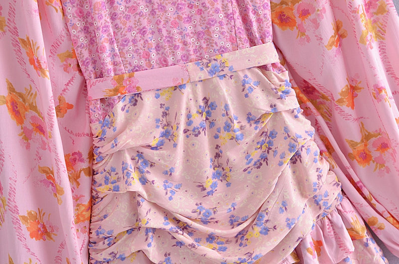 2021 CHIC Patchwork Blumendruck Laternenärmel Kleid Vintage Rüschen Plissee Taille Rüschen Saum Frauen Urlaubskleider Vestido