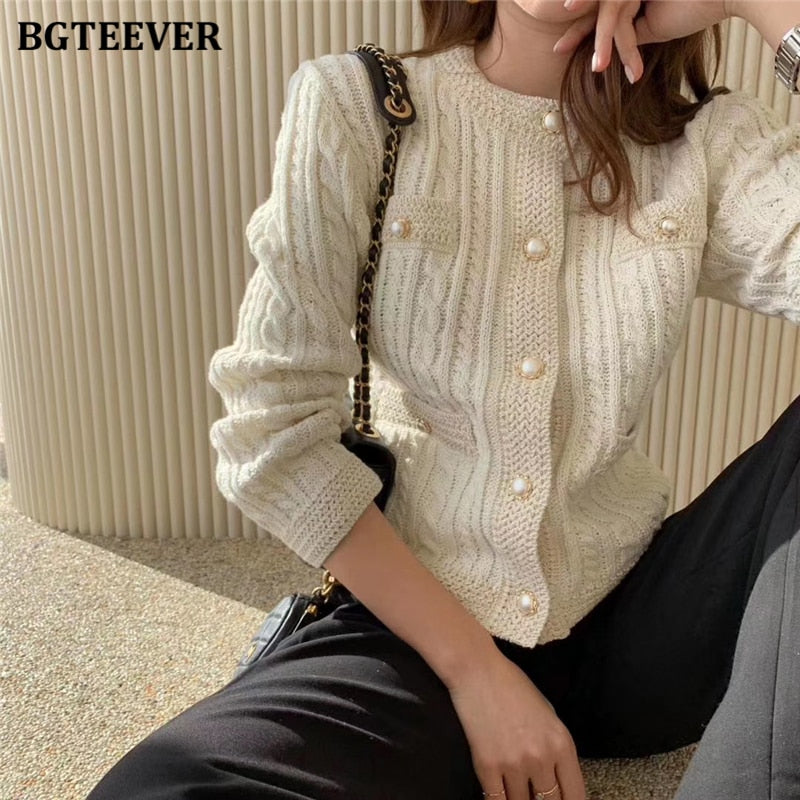 BGTEEVER Elegant Women O-neck Knitted Cardigans Single-breasted Slim Twisted Sweater Female 2020 Autumn O-neck Outwear Tops