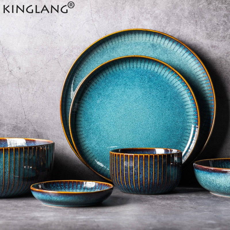 KINGLANG Nordic Style Kiln Glazed Ceramic Rice Salad Bowl Soup Bowl Round Dish Dinner Plate Tableware