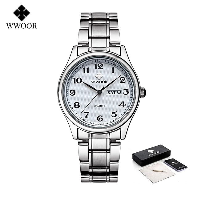 WWOOR, relojes para amantes de la moda para hombres y mujeres, reloj árabe resistente al agua, reloj de pulsera de cuarzo informal para parejas de acero inoxidable y plata para mujer