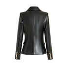 HarleyFashion europeo americano de alta calidad PU cuero Fitness botones dorados Slim High Street mujer negro Blazer