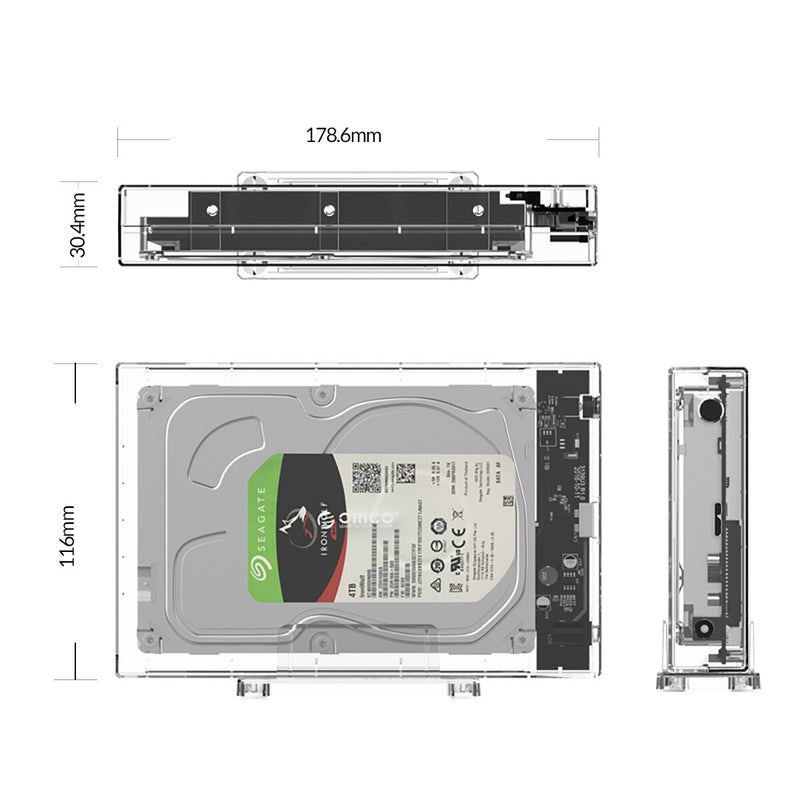 ORICO Transparentes 3,5-Zoll-Festplattengehäuse für 2,5/3,5-Zoll-SSD-Festplattengehäuse Festplattengehäuse SATA zu USB 3.0-Festplattengehäuse, unterstützt 16 TB