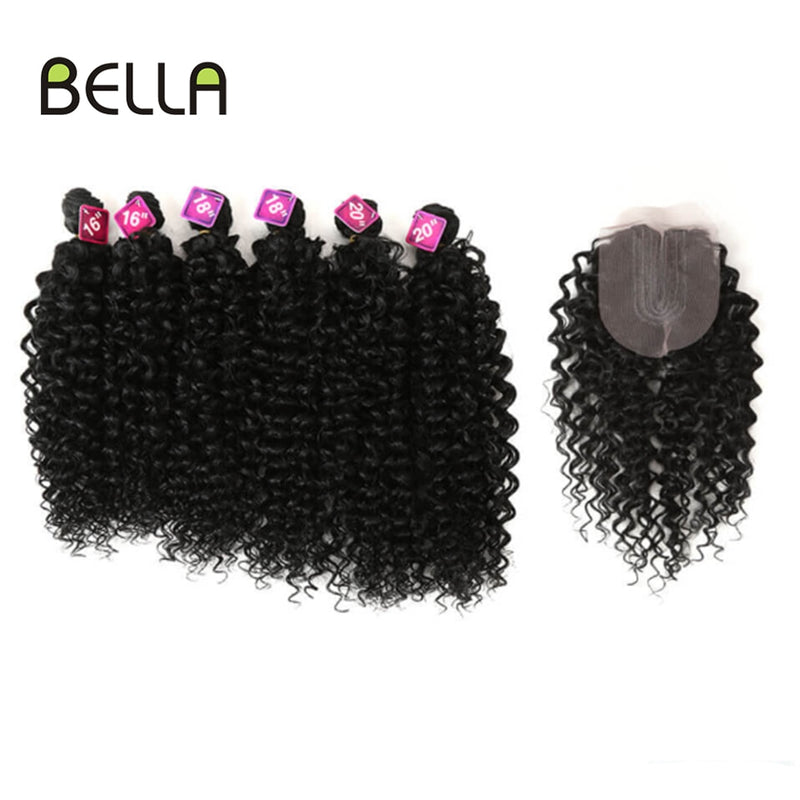 Bella Afro Kinky Curly Synthetic Hair 6 Bundles With 1Closure 7pcs/Lot Ombre Color 16-20 inch Kinky Curly Bundles Hair Extension