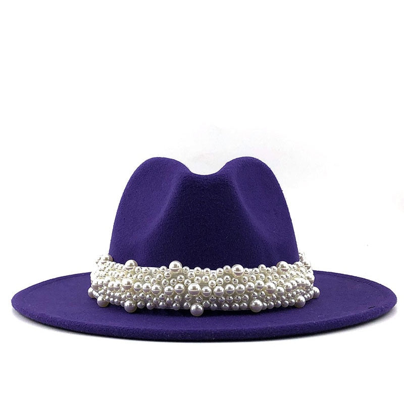 Sombreros de fieltro de lana Jazz para hombre y mujer, sombrero de fieltro con cinta de perlas de cuero, blanco, rosa, amarillo, sombrero de fiesta Formal Trilby de Panamá, 58-61CM