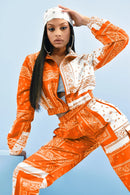 Bandana Print Two Piece Set Causal Paisley Print Long Sleeve Zippers Short Jacket Tops Jogger Pants Suit Outfit Street Tracksuit
