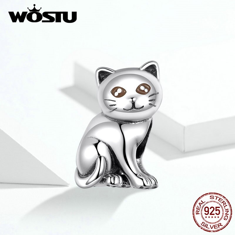 WOSTU Cute Cat Charms 925 Sterling Silver Animal Pussy Zirconia Beads Fit Original pulsera colgante DIY collar joyería