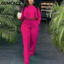 Women Two Piece Casual Suits Long Sleeve Dip Hem Crop Top Shirt &amp; Loose Pants Set