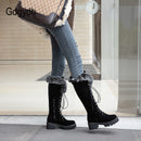 Gdgydh, zapatos de invierno con cordones, botas de nieve para mujer, botas de piel auténtica para mujer, tacón grueso de ante hasta la rodilla, cálido para exteriores con cremallera, talla grande 43