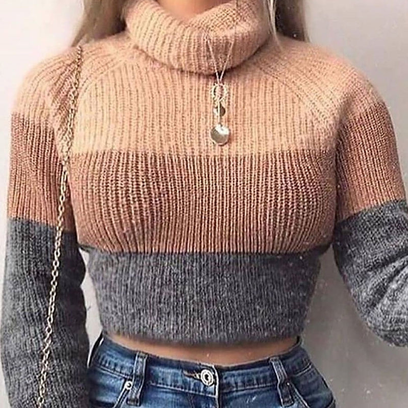 Cryptographic Fashion Women's Turtlenecks Sweaters Striped Long Sleeve Knitted Pullovers Females Jumpers Cropped Sweaters Fall