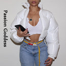 Mode süße Frauen helle PU rosa Pufferjacke Winter warme Blase Mäntel glänzende Leder Parkas Daunenreißverschluss geerntete Jacken Parkas