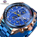 Forsining reloj automático para hombre banda de acero azul calendario 3 Sub Dial reloj de pulsera mecánico resistente al agua reloj Masculino Relogio Masculino