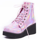 JIALUOWEI New Style Unisex Schuhe Punk Keilabsatz 7cm Pink Holographic Leder Halloween Kostüme Gothic Stiefeletten