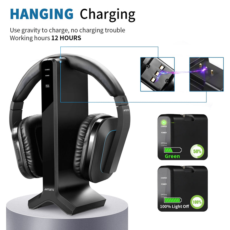 Artiste D1 Wireless TV Headphone 2.4GHz Digital Transmitter Charging Dock Headphone Headset Connection Optical Coaxial RCA