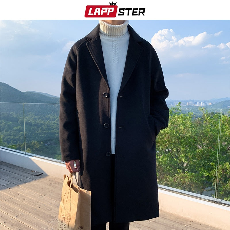 LAPPSTER Men Korean Fashion Winter Jacket Coats 2021 Wool Coat Mens Oversized Harajuku Overcoat Male Japanese Streetwear Jackets