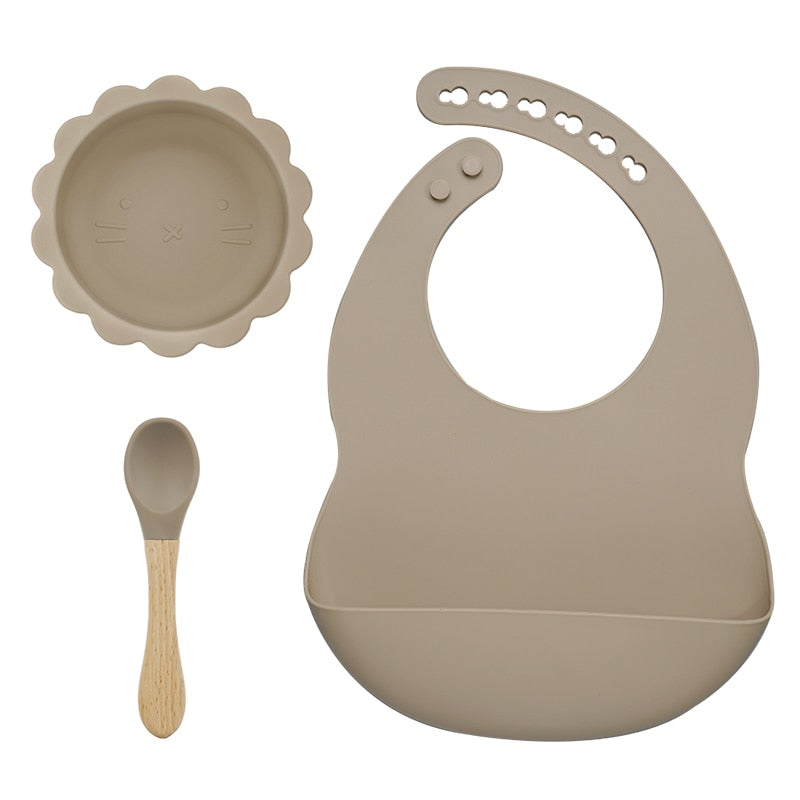 BPA Free Baby Silicone Tableware Waterproof Bib Flexible Saliva Towel Solid Color Sucker Bowl And Spoon For Children