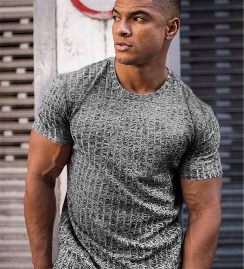 Camiseta de manga corta con cuello de pico para hombre, camiseta de tiras deportivas ajustadas para Fitness, camisetas de moda sólidas para hombre, ropa de gimnasio de punto de verano