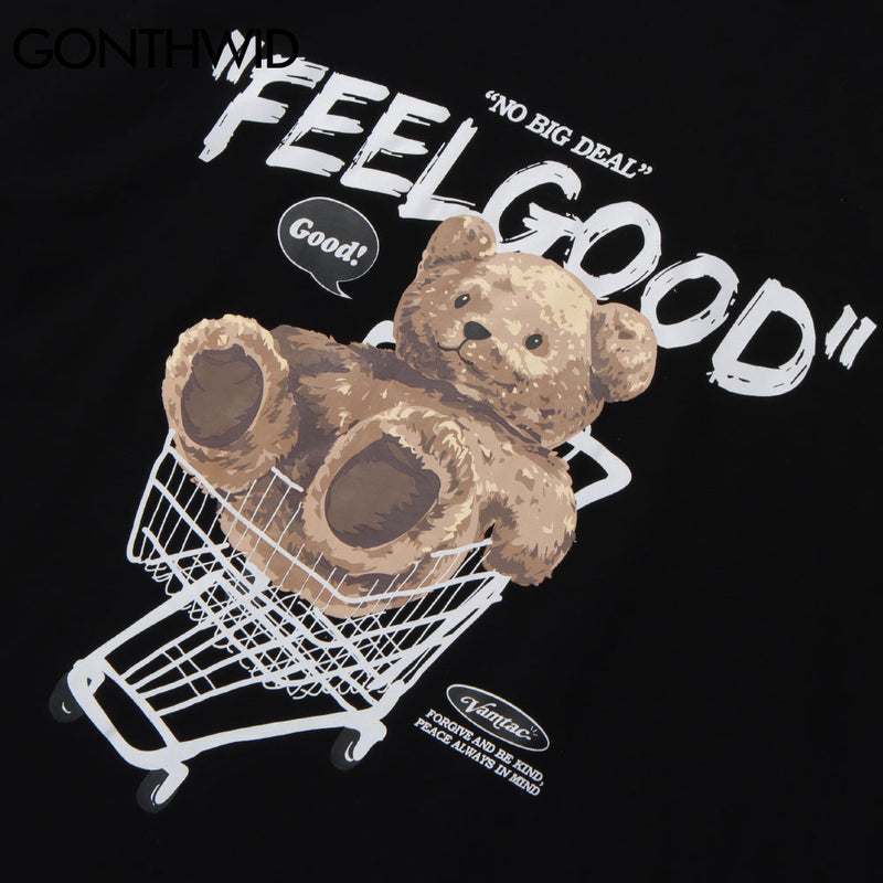 GONTHWID Short Sleeve Tees Harajuku Streetwear Toy Bear Shopping Cart Print T-Shirts Cotton Casual Hip Hop Loose Tshirts Tops