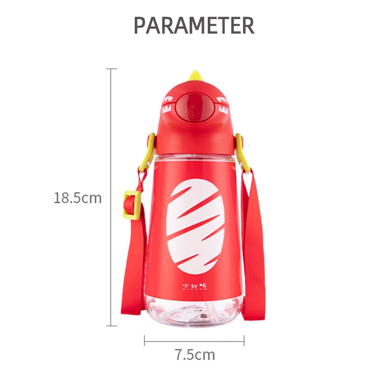 Nueva tetera de paja para niños Pinkah con correa para el hombro, botella de agua de plástico portátil para escuela, forma creativa de dinosaurio de dibujos animados, 450ML