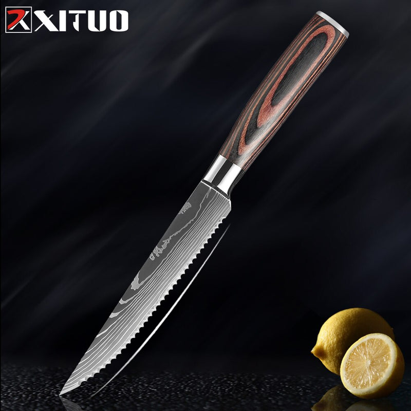 XITUO Steak Knife Set Damascus Pattern Stainless Steel Serrated Knife Beef Cleaver Multipurpose Restaurant Cutlery Table Knife