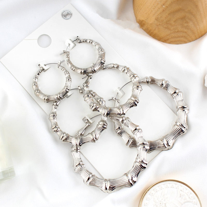 Statement Sliver/Gold Color Big Bamboo Circle Hoop Earrings For Women Hip Hop Large Celebrity Basketball Wives Earrings Hoops