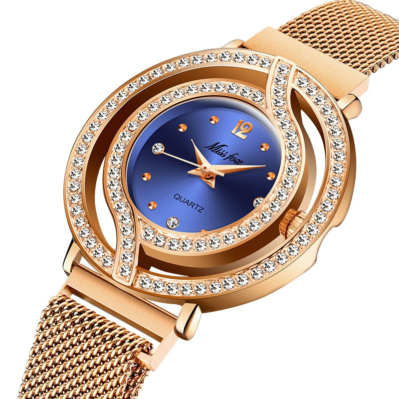 2020 MISSFOX, relojes de lujo para mujer, reloj magnético para mujer, reloj de pulsera de cuarzo con bisel hueco, reloj de pulsera Xfcs con diamantes a la moda para mujer