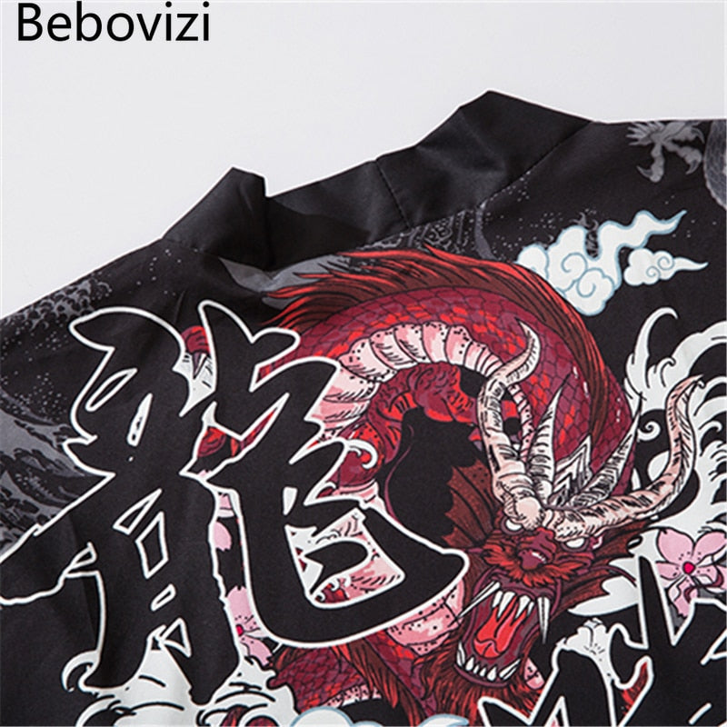 Bebovizi dragón estampado Yukata hombres mujeres moda cárdigan blusa suelta Haori Obi ropa asiática Harajuku japonés Cosplay Kimono