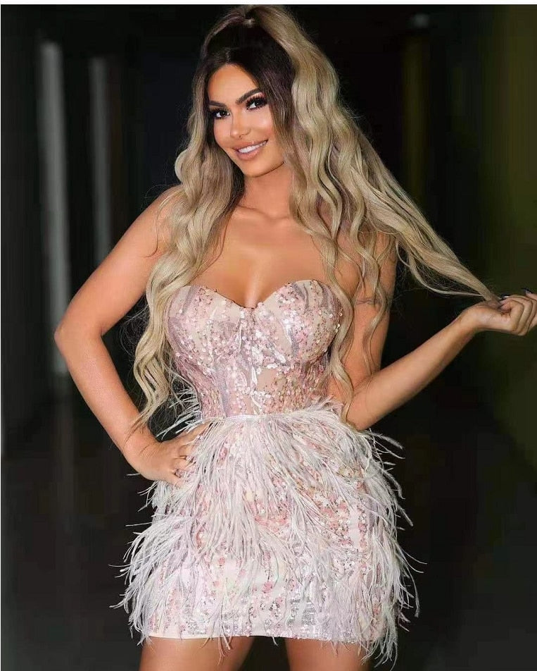 High Quality Celebrity Fashion Pink Feather Bodycon Cute Strapless Dress Evening Party Dress Vestidos