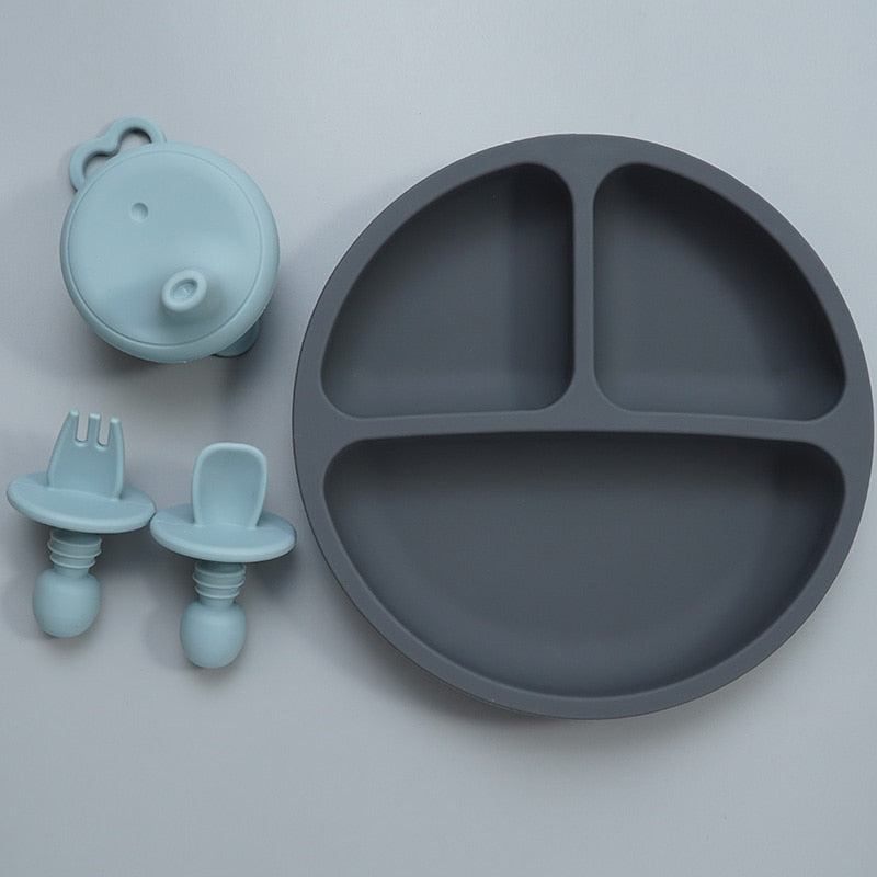 Accesorios para bebés, plato de cena de silicona para alimentación de niños pequeños, cuchara tenedor infantil suave impermeable con cubierta de taza de silicona portátil para niños