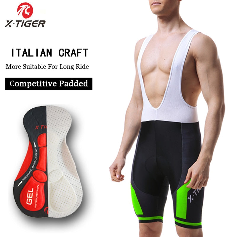 Pantalones cortos con pechera para bicicleta de X-TIGER, color negro, para exteriores, para ciclismo, 5D, Coolmax, Gel acolchado