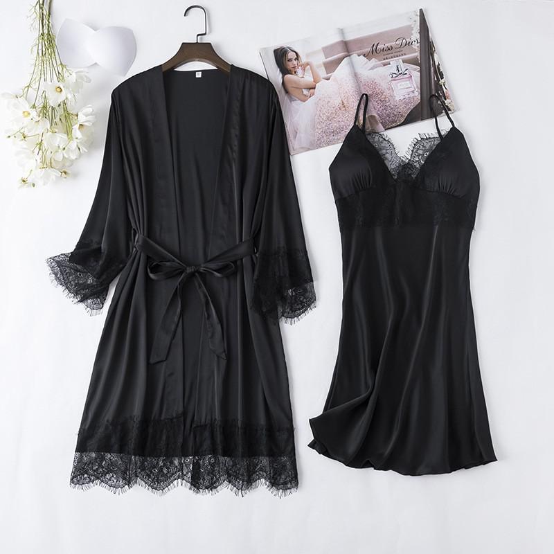 Satin Lady Robes Suit Sexy Kimono Bathrobe Gown Full Slip Lace Nightwear With Strap Nightgown Lingerie Summer Sleepwear With Bow