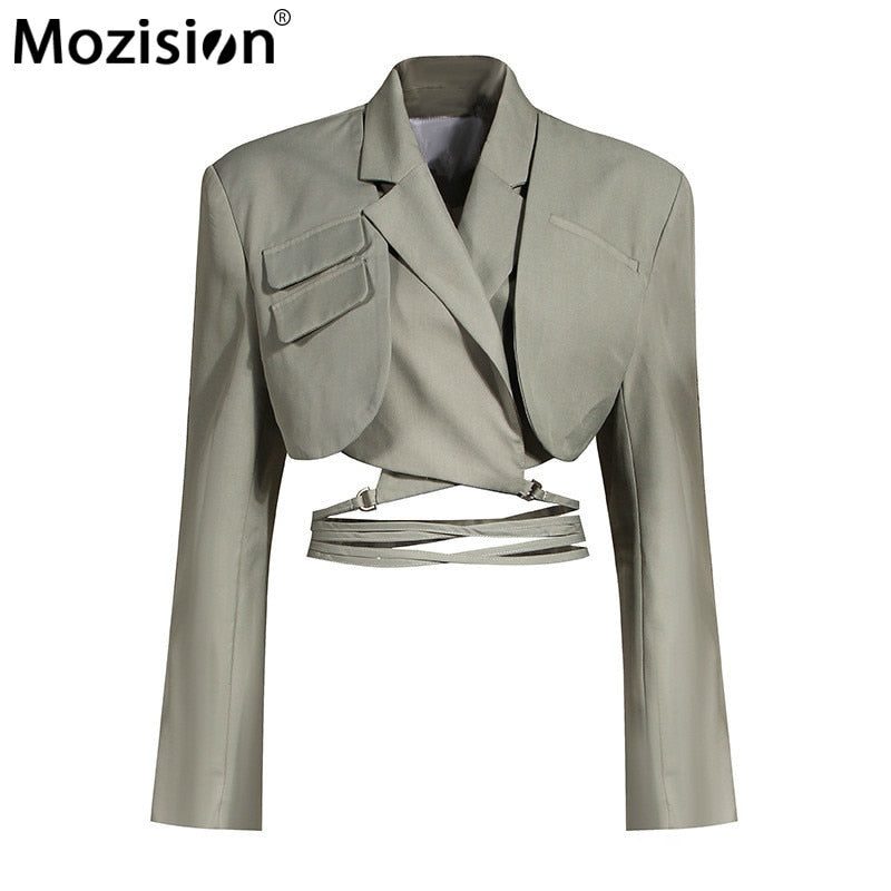 MOZISION Irregular elegante Blazer para mujer con muescas de manga larga con cordones Bowknot Blazers mujer 2021 primavera moda nuevo abrigo
