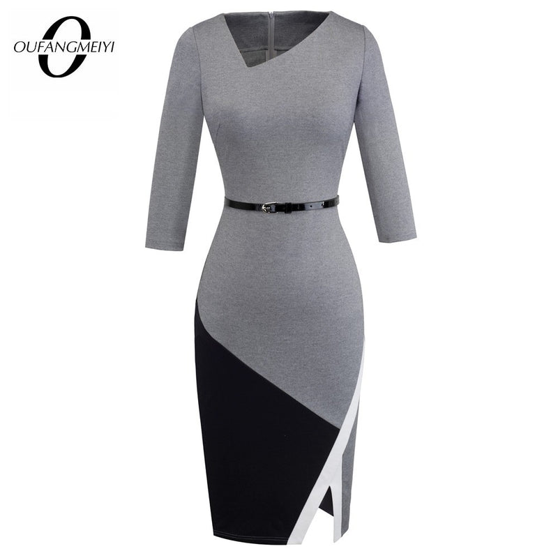 Women Formal Knee Length Asymmetrical Neck Wear to Work Business Office Bodycon Elegant Pencil Dress EB290