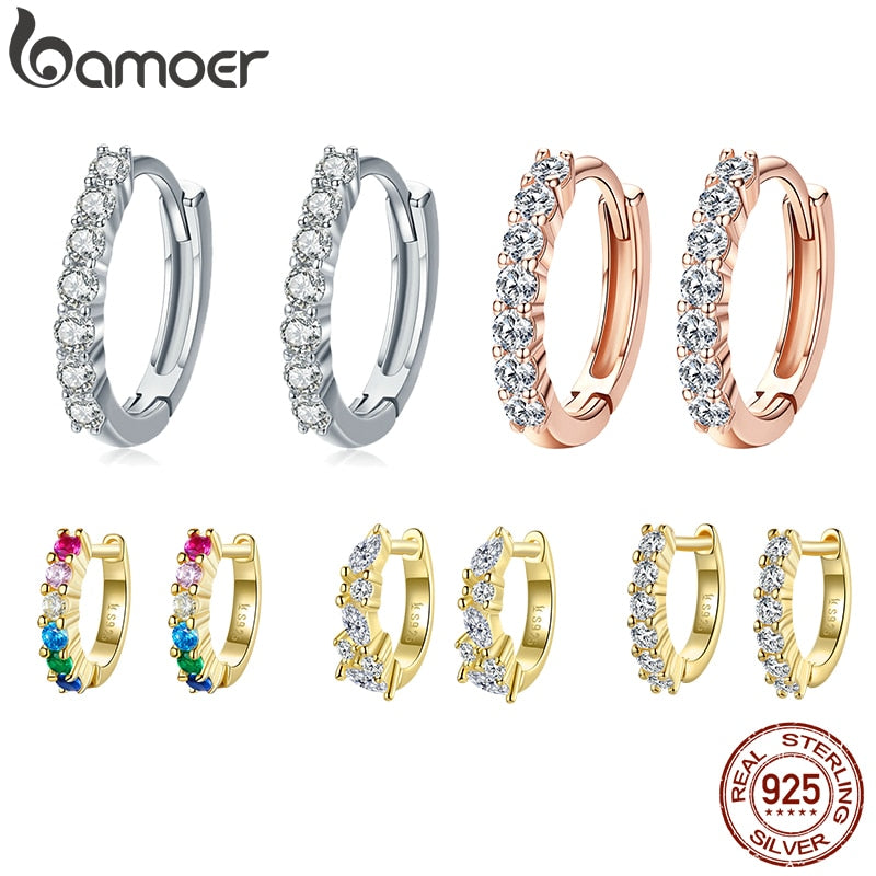 BAMOER 100% 925 Sterling Silver Dazzling CZ Crystal Circle Round Hoop Earrings for Women Sterling Silver Jewelry SCE351-1H