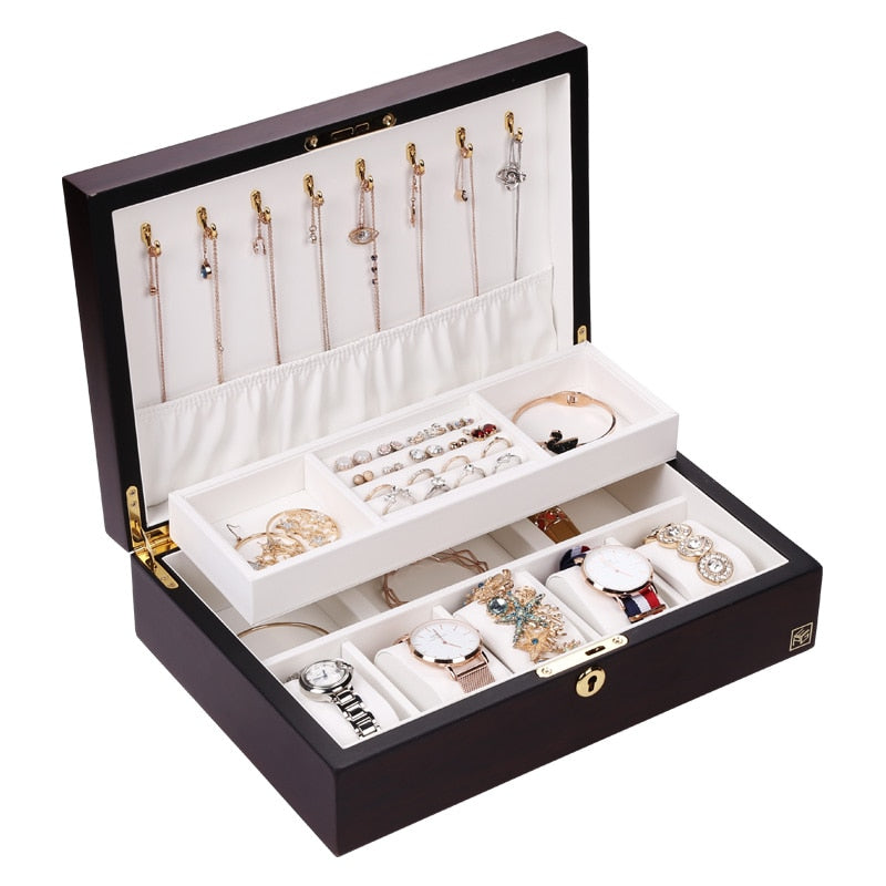 Casegrace, caja organizadora de joyería de madera de lujo para mujer, anillo grande, collar, pendientes, caja de almacenamiento de joyería, ataúd de regalo