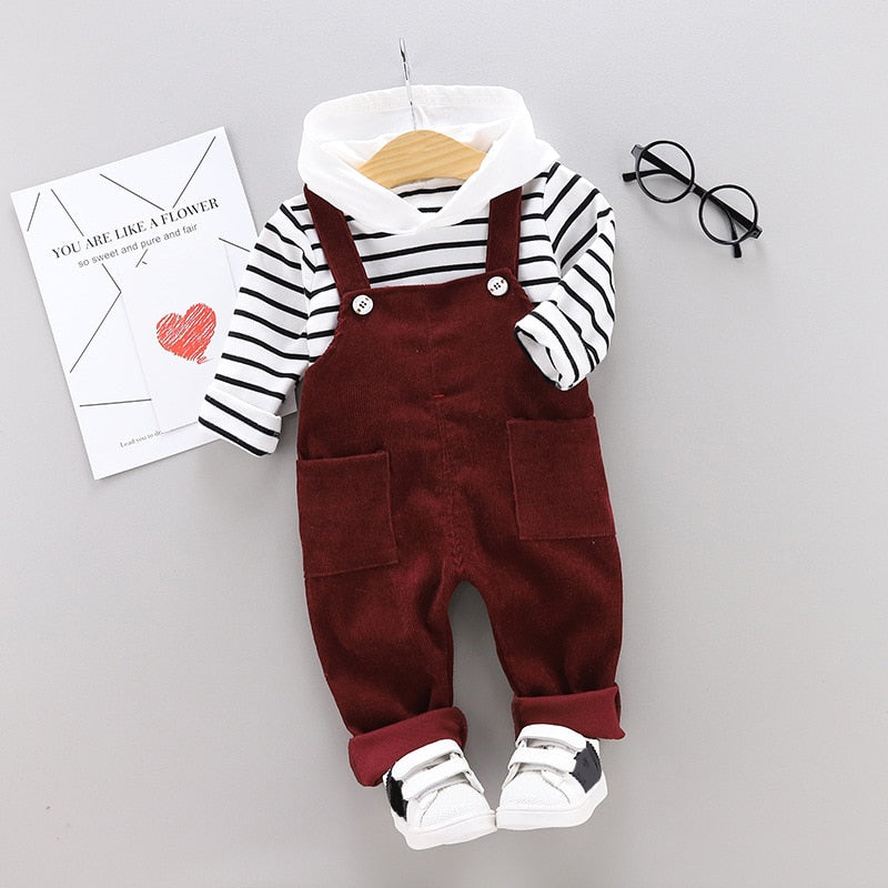 Spring Autumn Baby Boys Girls Clothes Infant Cotton Striped T Shirt Bib Pants 2pcs/sets Kids Garment Children Casual Sport Suit