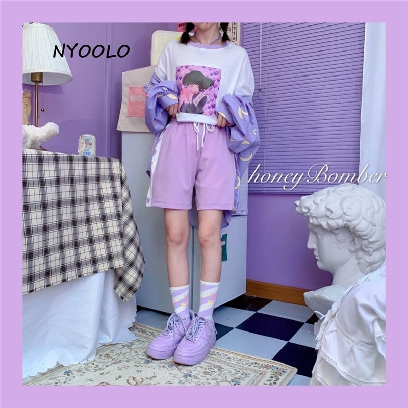 NYOOLO Harajuku estilo amor corazón estampado patchwork cintura alta pantalones cortos mujeres 2020 verano cintura elástica cordón dulce niñas pantalones cortos