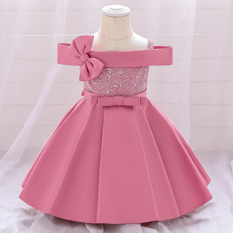 2022 One Word Neck Bow 1 Year Birthday Dress for Baby Girl Baptism Bridesmaids Dress Party Wedding Princess Prom Evening Dresses
