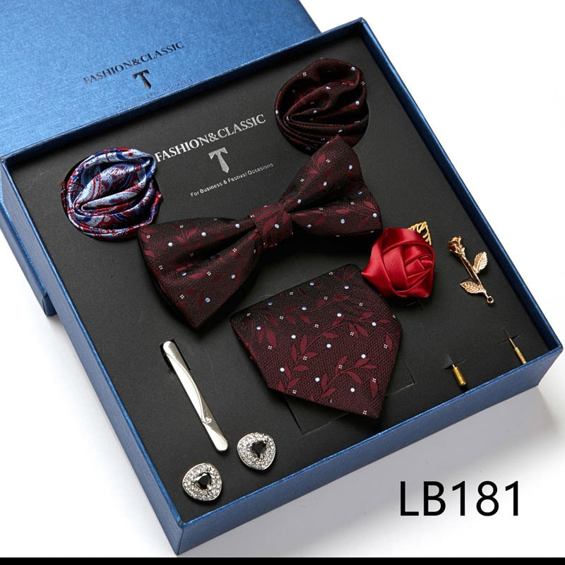 Envío Gratis, conjunto de corbata para hombre, caja de regalo de lujo, conjunto de corbata de seda, 8 Uds., embalaje interior, regalo festivo, pañuelos de bolsillo