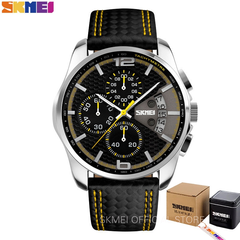 SKMEI, relojes deportivos a la moda para hombre, relojes de pulsera de cuarzo impermeables de 5 barras con correa de cuero de lujo de marca superior, reloj Masculino 9106